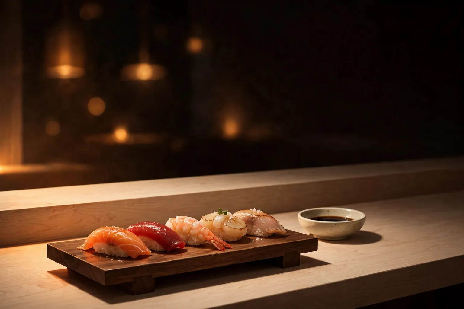 Illustration: a pale wooden sushi counter at dusk with a board of nigiri