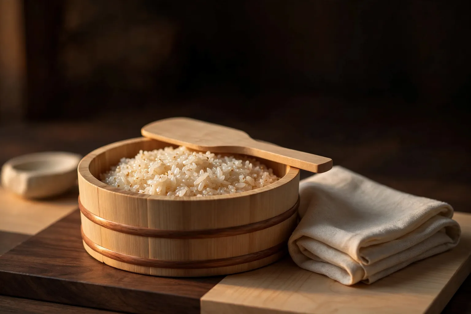 Illustration: a wooden tub of seasoned sushi rice with a paddle