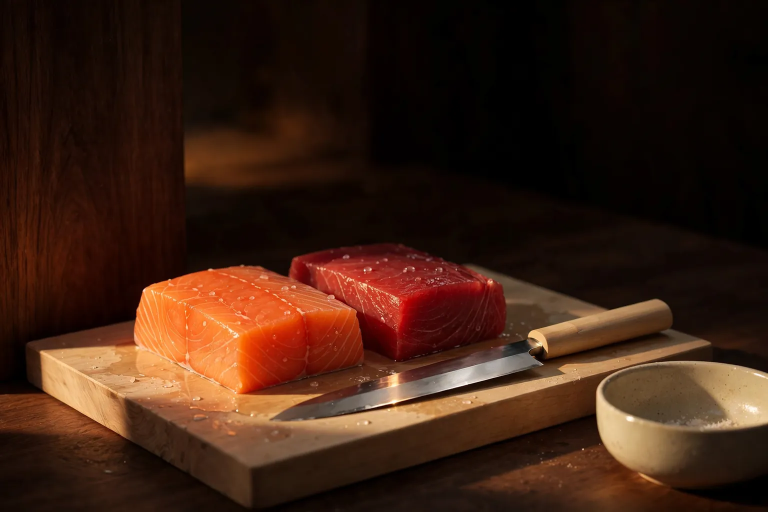 Illustration: blocks of salmon and tuna beside a long sushi knife