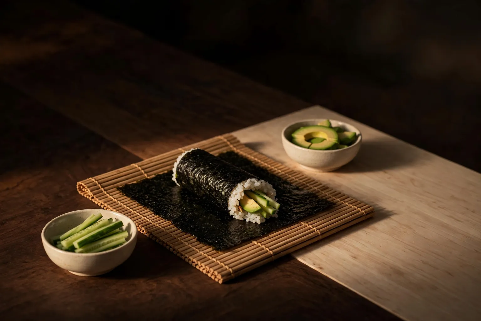 Illustration: a bamboo rolling mat with nori and a half-rolled maki