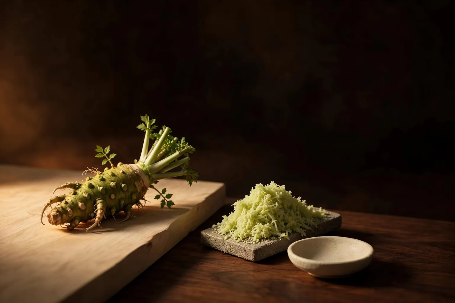 Illustration: a fresh wasabi root and a small grater