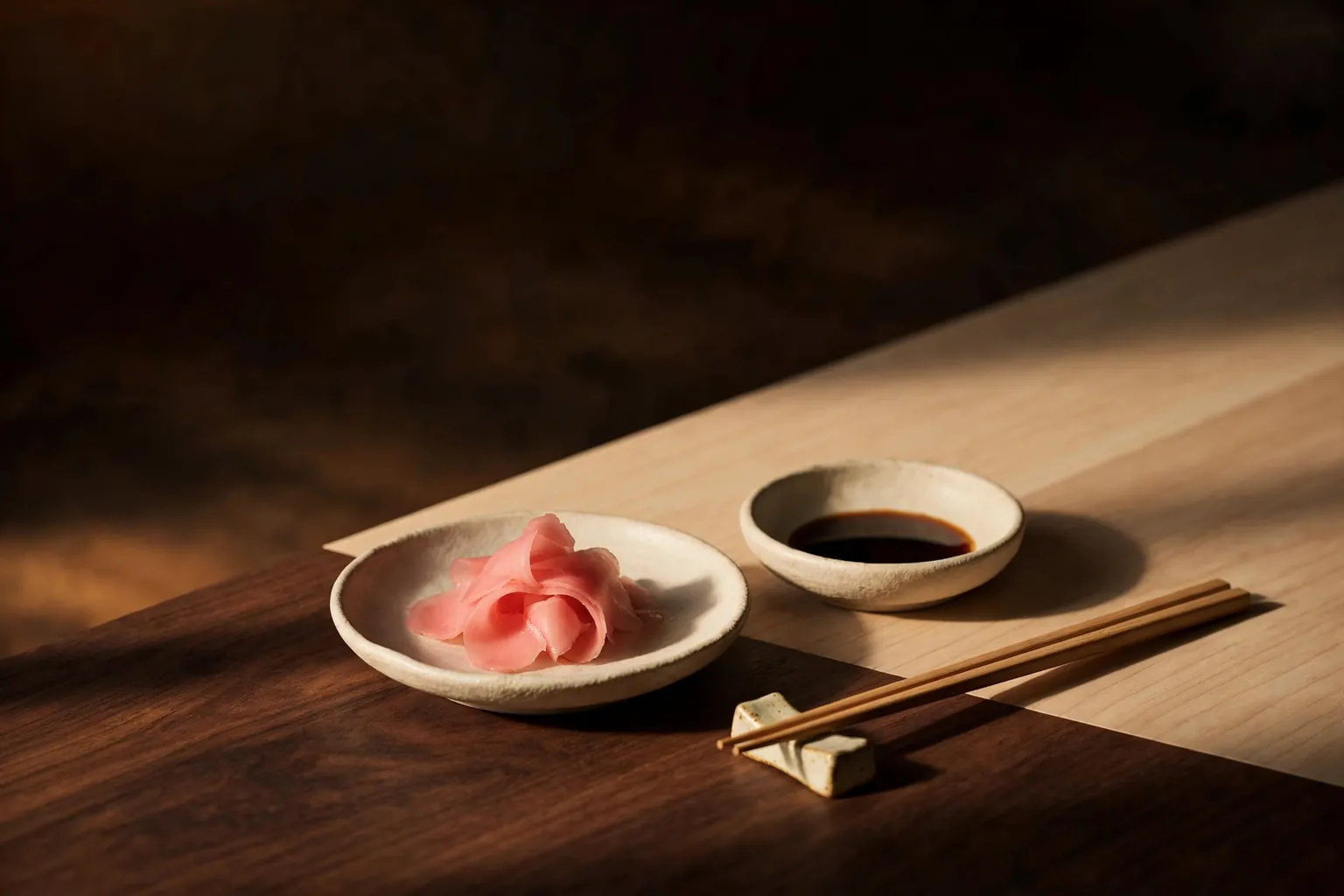 Illustration: pickled ginger, soy and chopsticks on a rest