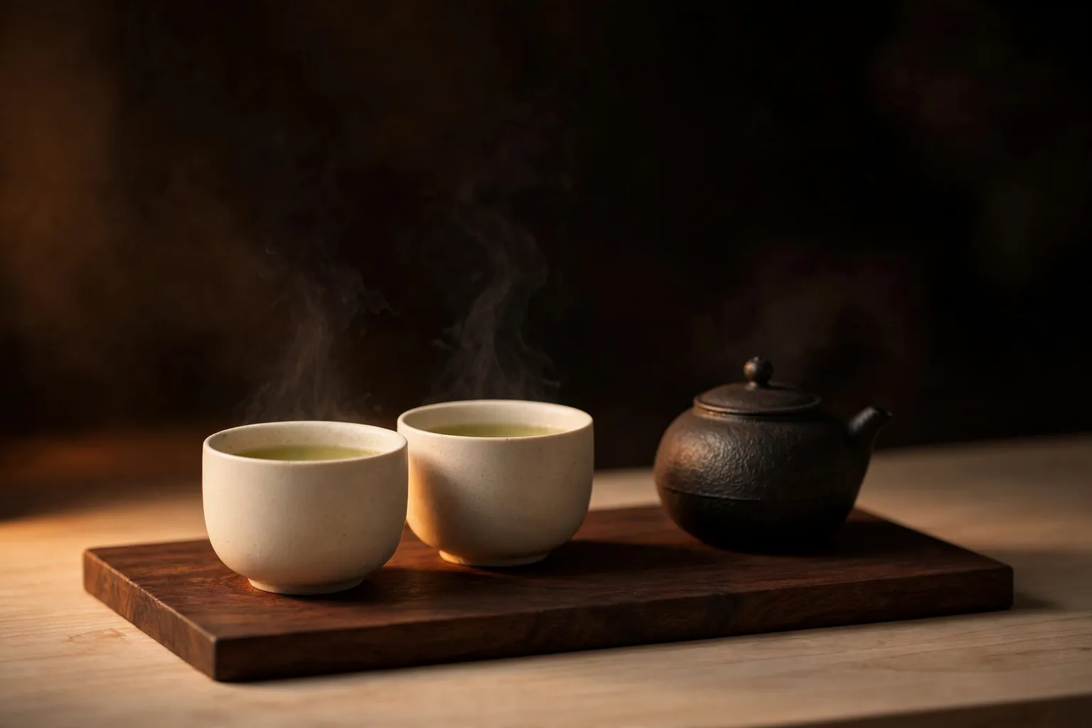 Illustration: two cups of green tea and a small teapot on a walnut board